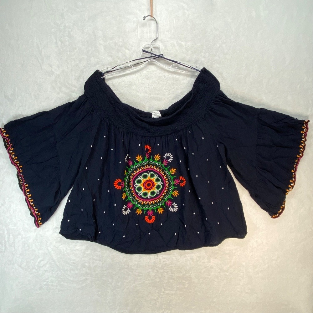 Mud Pie Embroidered Off Shoulder Top Bell Sleeve Bohemian Blouse L